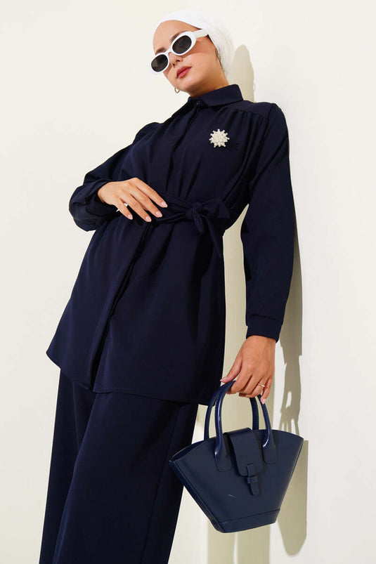 Gizli Düğmeli Kuşaklı Dabıl İkili Takım Lacivert