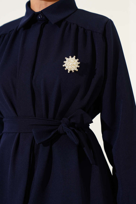 Gizli Düğmeli Kuşaklı Dabıl İkili Takım Lacivert