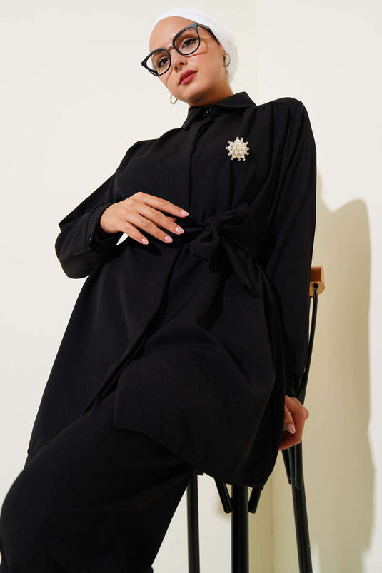 Gizli Düğmeli Kuşaklı Dabıl İkili Takım Siyah