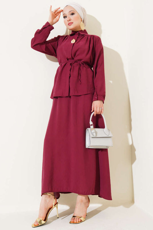Hidden Button Belted Skirted Two Piece Suit Burgundy