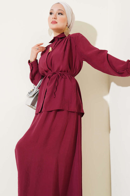 Hidden Button Belted Skirted Two Piece Suit Burgundy