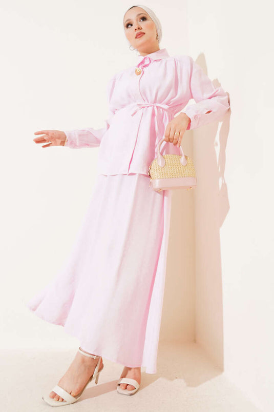 Gizli Düğmeli Kuşaklı Etekli İkili Takım Pembe