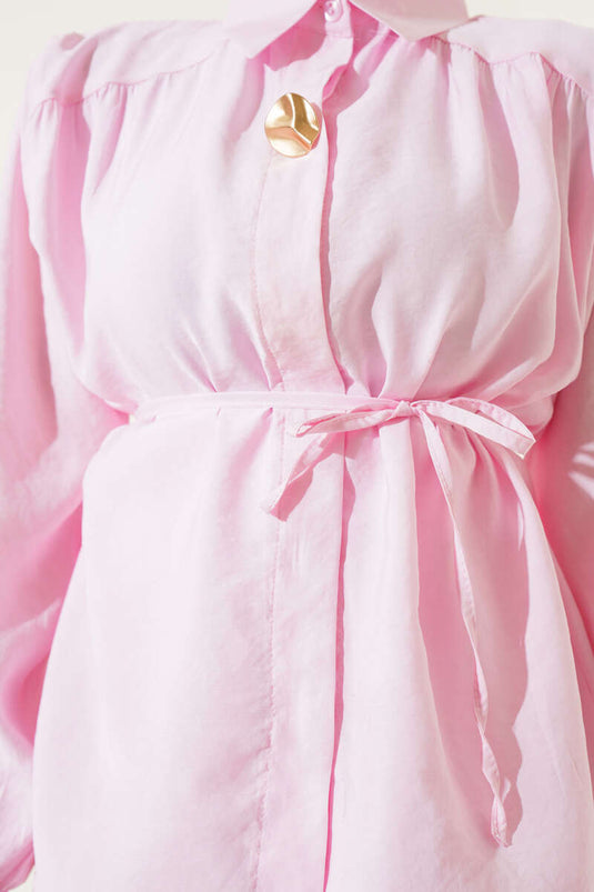 Gizli Düğmeli Kuşaklı Etekli İkili Takım Pembe