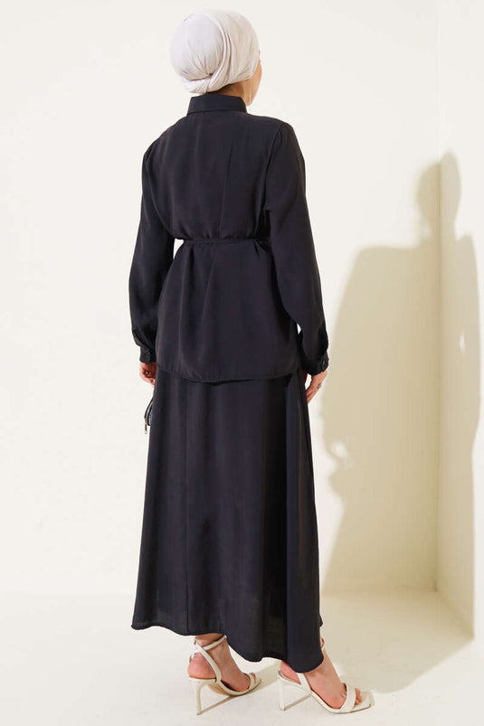 Hidden Button Belted Skirted Two Piece Suit Black