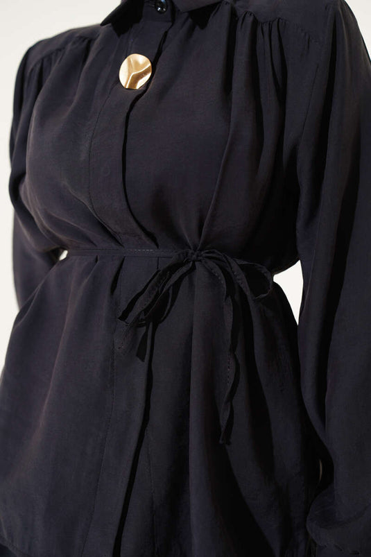 Hidden Button Belted Skirted Two Piece Suit Black