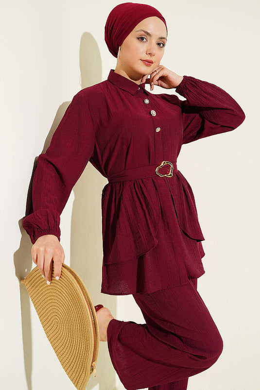 Ensemble tunique à ceinture avec boutons cachés Bordeaux