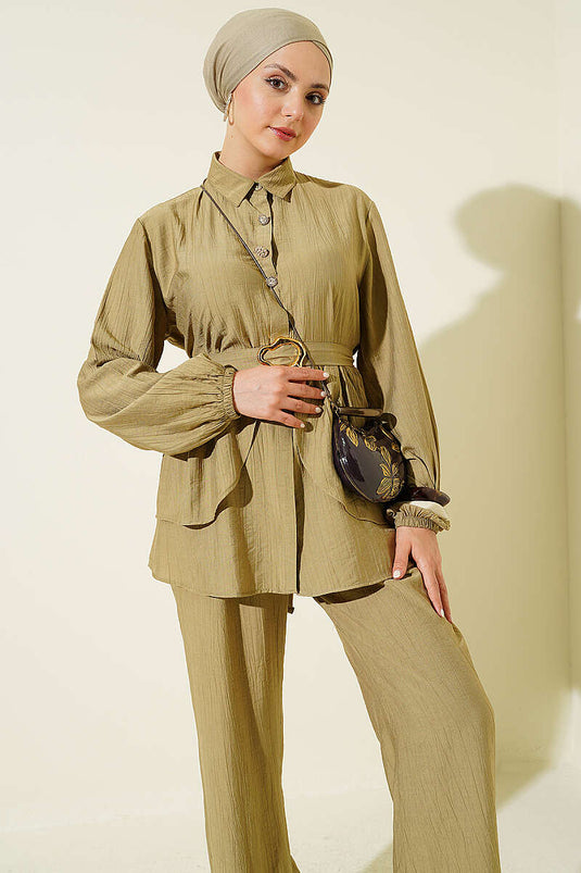 Ensemble tunique à ceinture avec boutons cachés, vert sauge