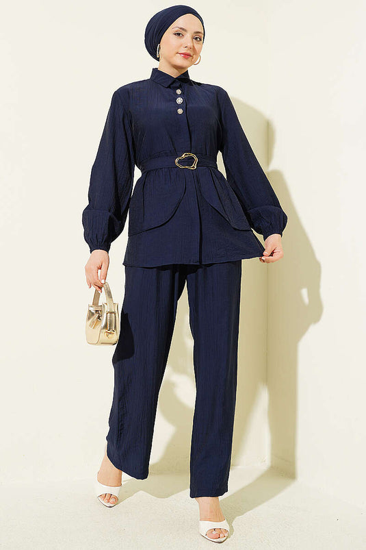 Ensemble tunique à ceinture avec boutons cachés, lot de deux, bleu marine