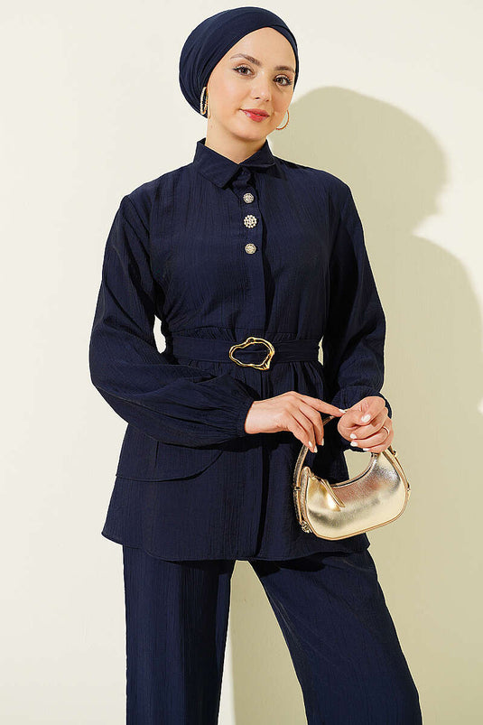Ensemble tunique à ceinture avec boutons cachés, lot de deux, bleu marine