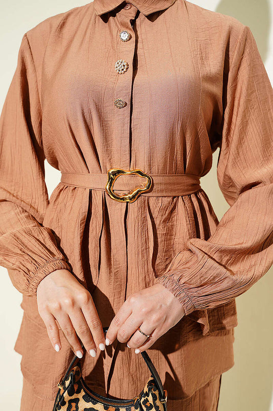 Ensemble tunique à ceinture avec boutons cachés Latte