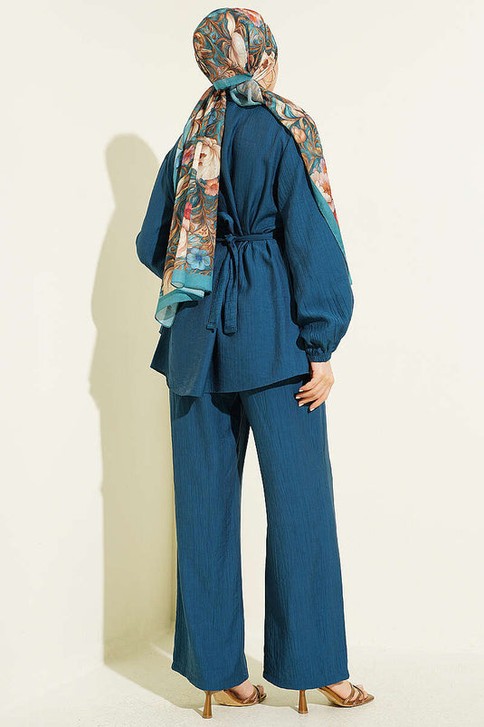 Ensemble tunique à ceinture avec boutons cachés, couleur pétrole