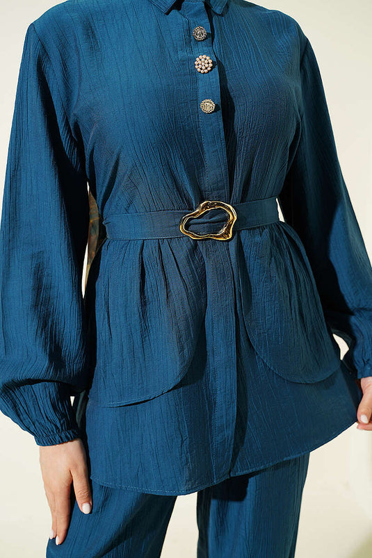 Ensemble tunique à ceinture avec boutons cachés, couleur pétrole