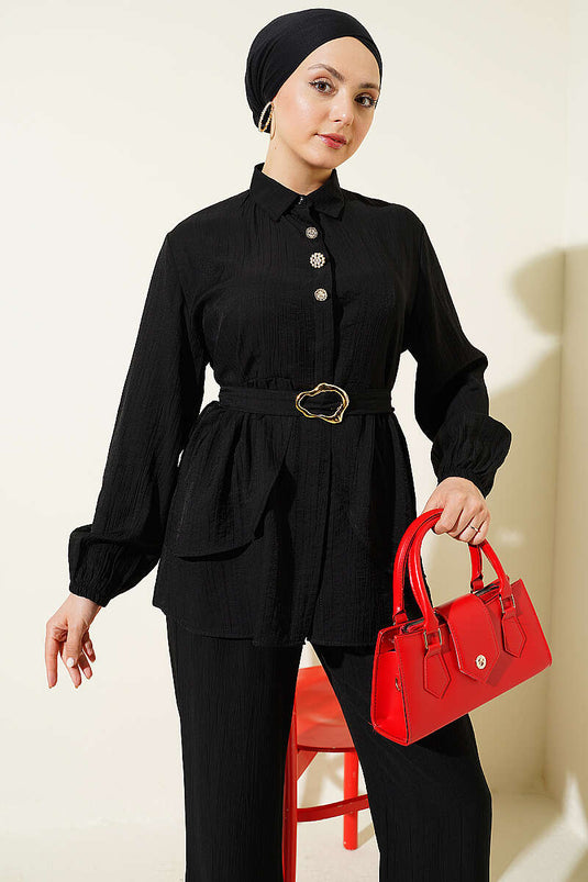 Ensemble tunique à ceinture avec boutons cachés, noir, deux pièces