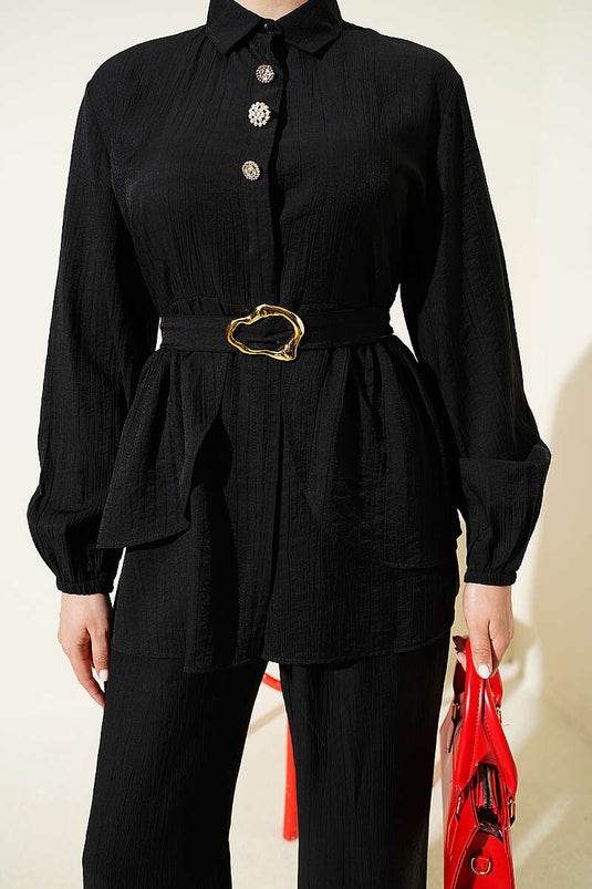 Ensemble tunique à ceinture avec boutons cachés, noir, deux pièces