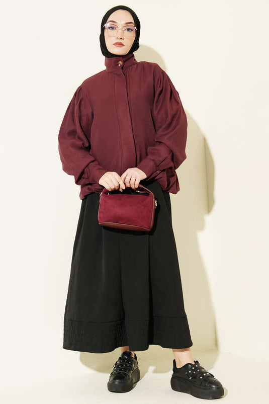 Hidden Button Modal Bomber Jacket Burgundy