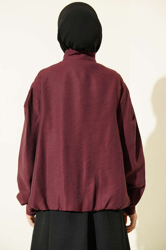 Hidden Button Modal Bomber Jacket Burgundy