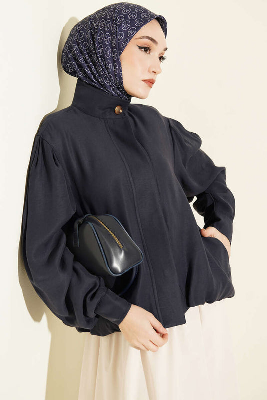 Hidden Button Modal Bomber Jacket Navy Blue