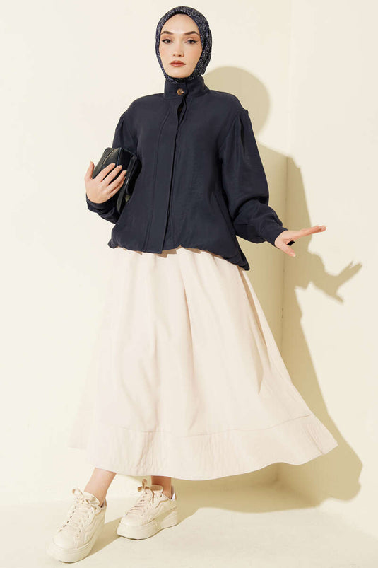 Hidden Button Modal Bomber Jacket Navy Blue