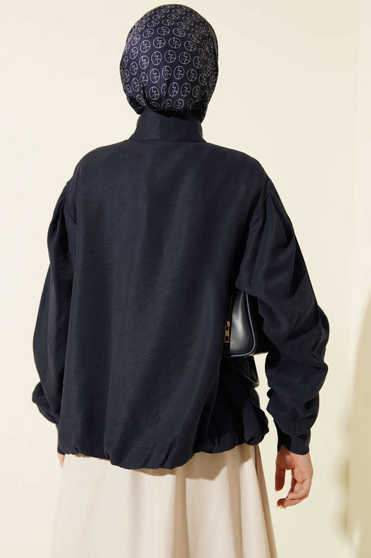 Hidden Button Modal Bomber Jacket Navy Blue