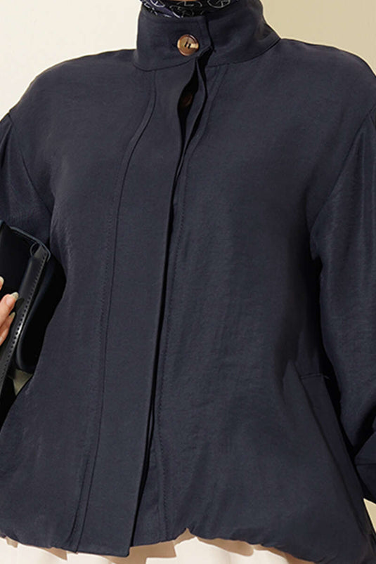 Hidden Button Modal Bomber Jacket Navy Blue