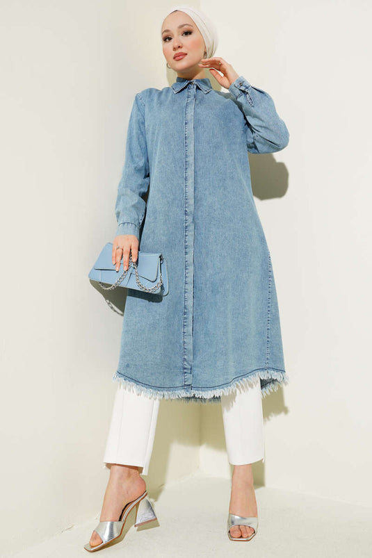 Hidden Buttoned Tassel Long Denim Shirt Light Blue