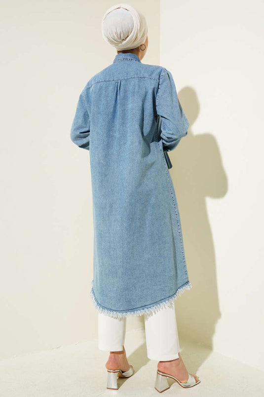 Hidden Buttoned Tassel Long Denim Shirt Light Blue