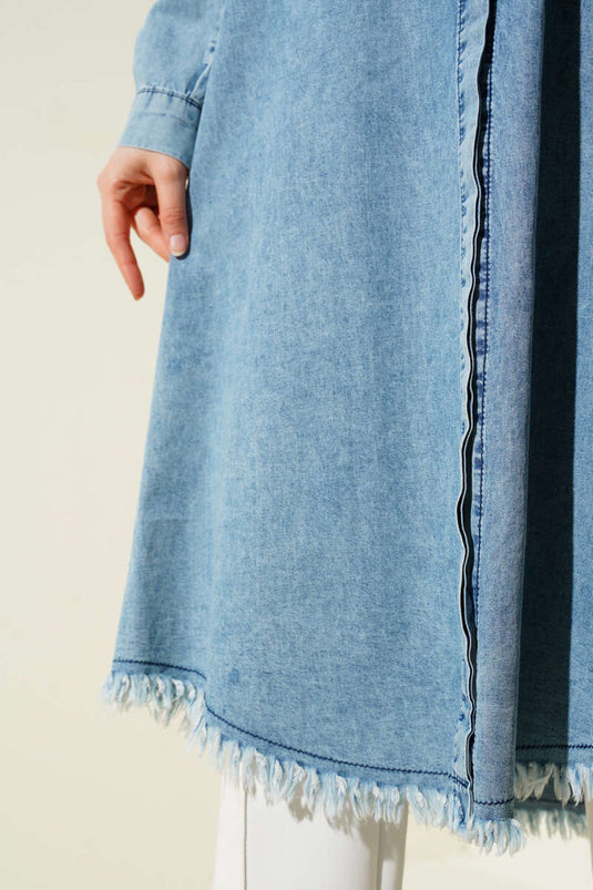 Hidden Buttoned Tassel Long Denim Shirt Light Blue