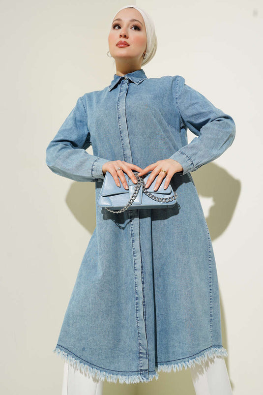 Hidden Buttoned Tassel Long Denim Shirt Light Blue