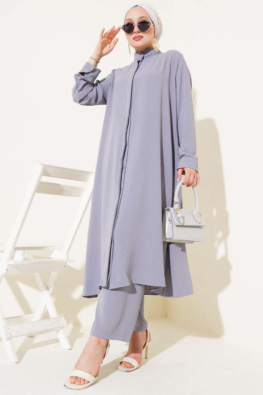 Hidden Buttoned Casual Two Piece Suit Gray