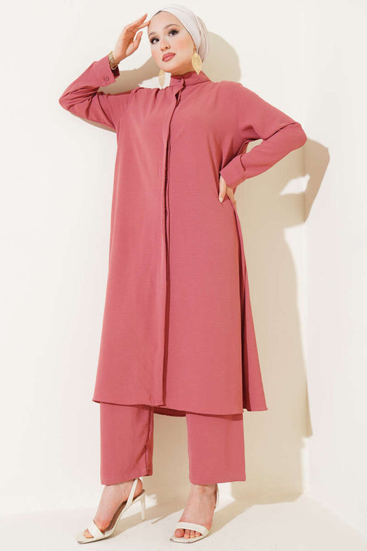 Hidden Buttoned Casual Two Piece Suit Dusty Rose