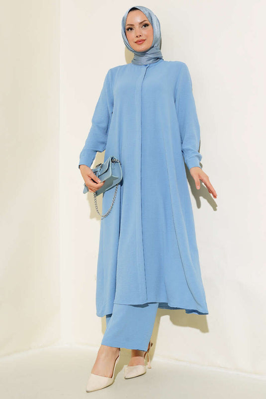 Hidden Buttoned Casual Two Piece Suit Blue