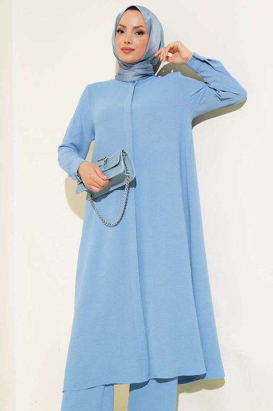 Hidden Buttoned Casual Two Piece Suit Blue