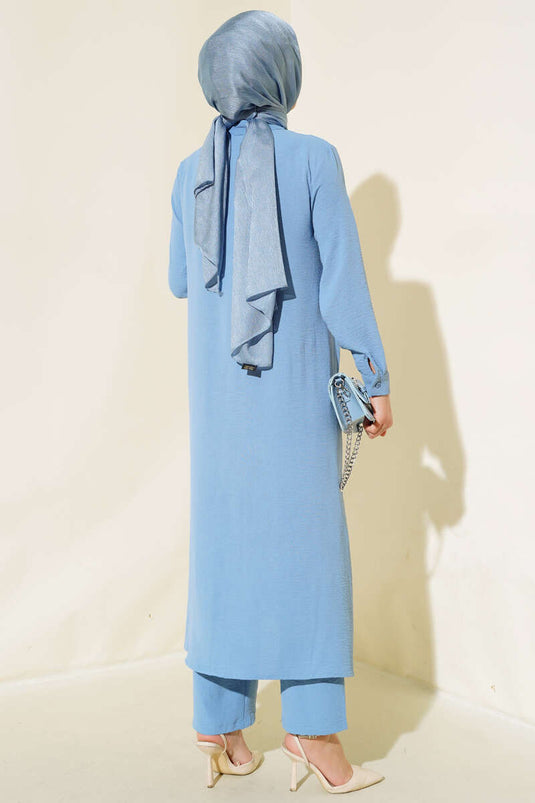 Hidden Buttoned Casual Two Piece Suit Blue