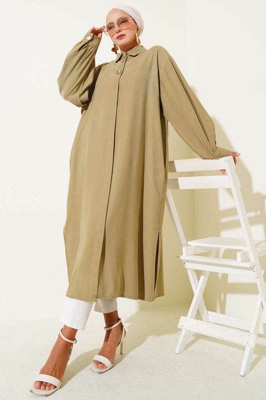 Hidden Button Tencel Tunic in Almond Green