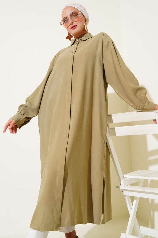 Hidden Button Tencel Tunic in Almond Green