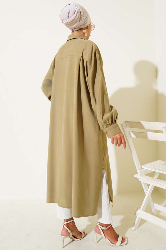 Hidden Button Tencel Tunic in Almond Green