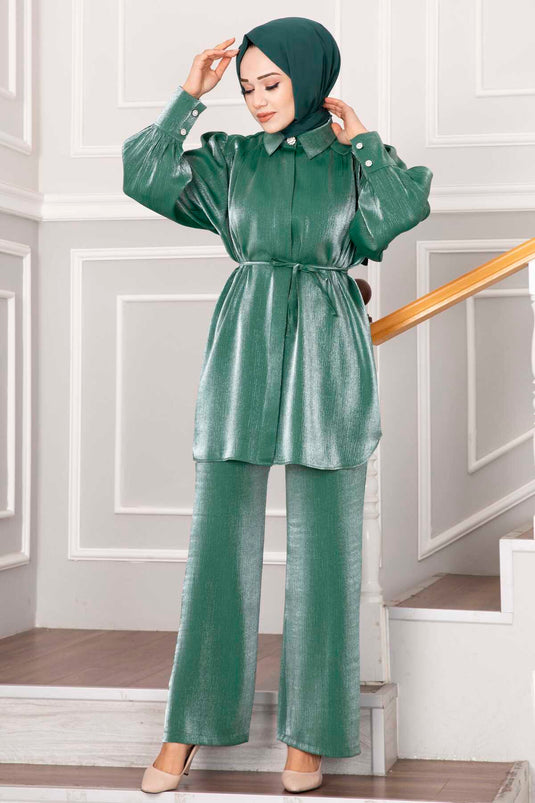 Gizli Düğmeli Tesettür Takım Yeşil
