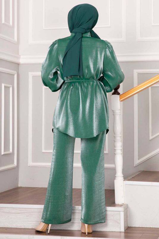 Gizli Düğmeli Tesettür Takım Yeşil