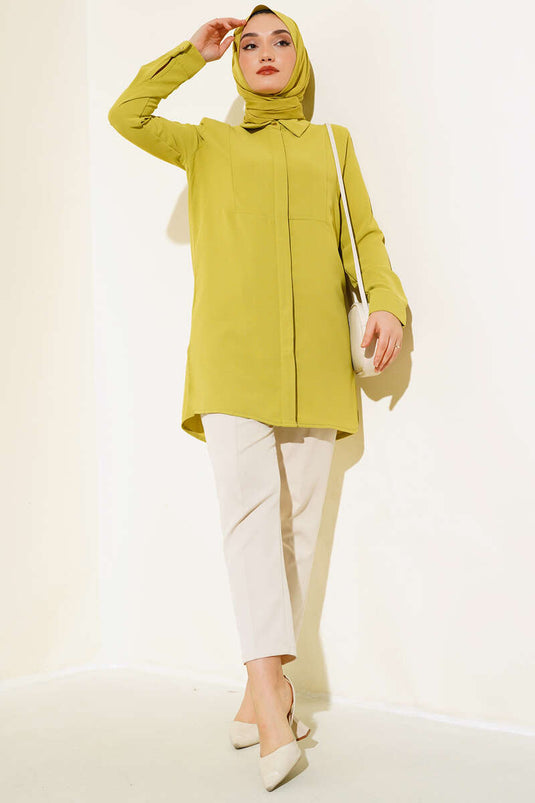 Hidden Button Long Shirt Olive Green