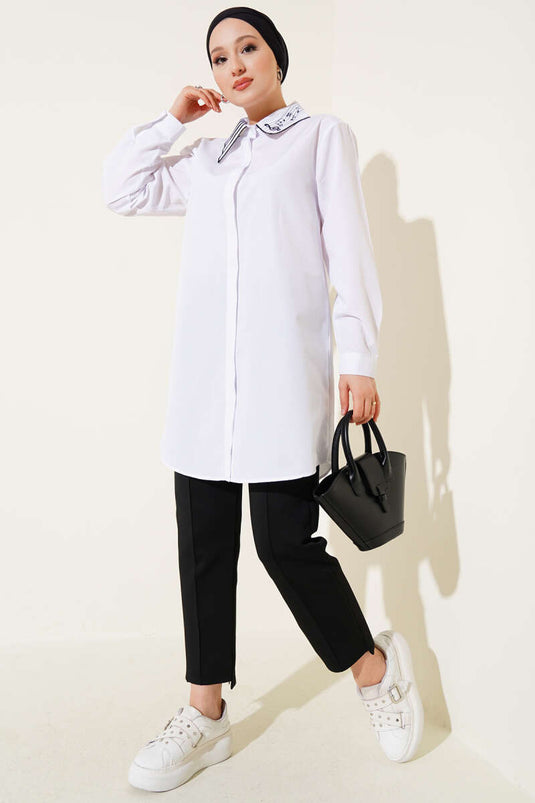 White Embroidered Shirt with Hidden Button Collar
