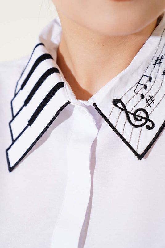 White Embroidered Shirt with Hidden Button Collar