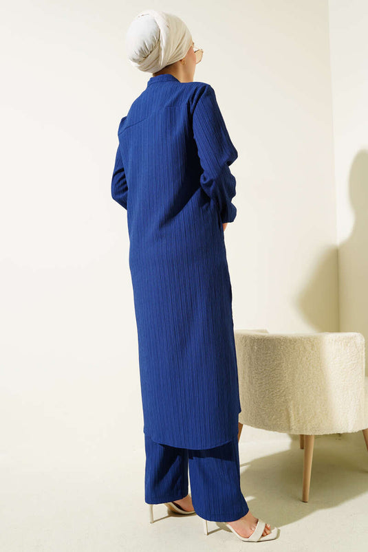 Hidden Buttoned Side Slit Long Tunic Suit Navy Blue
