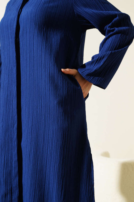 Hidden Buttoned Side Slit Long Tunic Suit Navy Blue