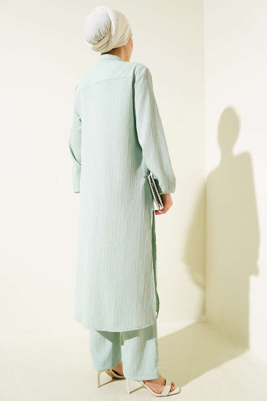 Ensemble tunique longue fendue sur le côté avec boutons cachés, menthe