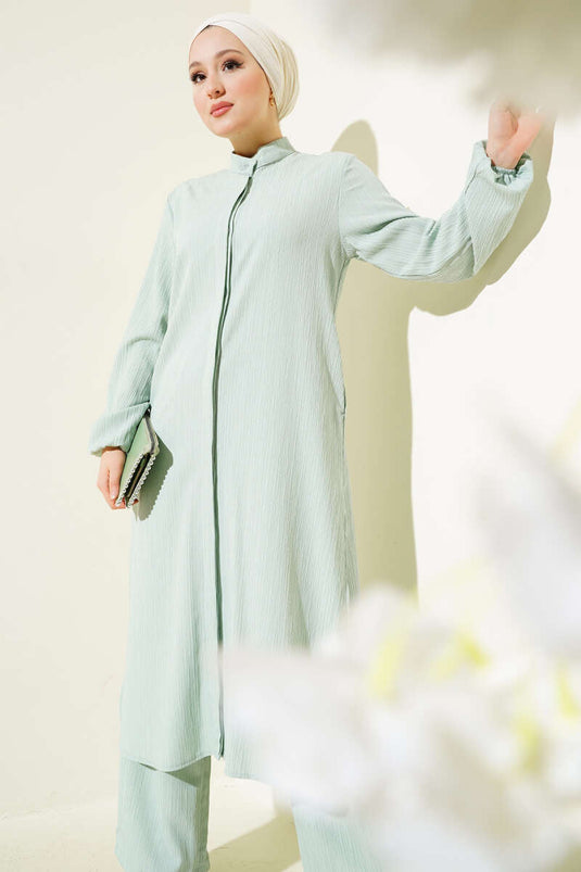 Ensemble tunique longue fendue sur le côté avec boutons cachés, menthe