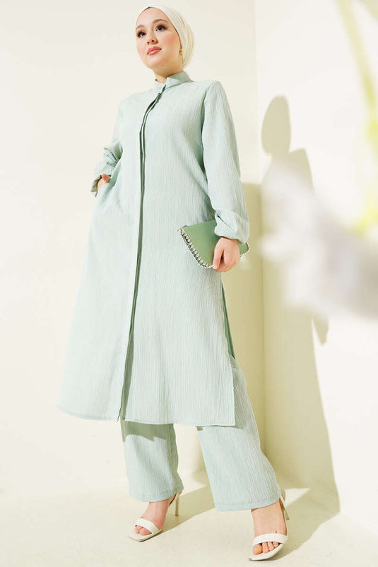 طقم تونيك طويل بفتحة جانبية وأزرار مخفية - نعناعي