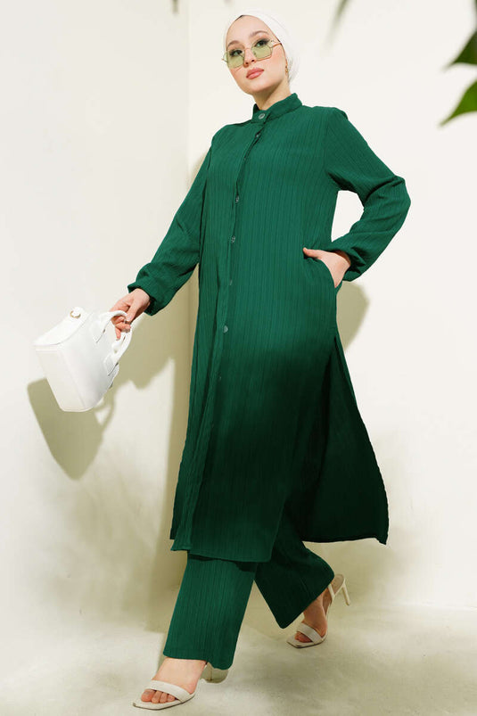 Gizli Düğmeli Yan Yırtmaçlı Uzun Tunik Takım Zümrüt