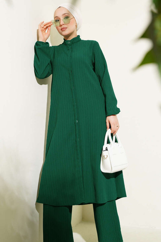 Ensemble tunique longue à boutons cachés et fente latérale, couleur émeraude