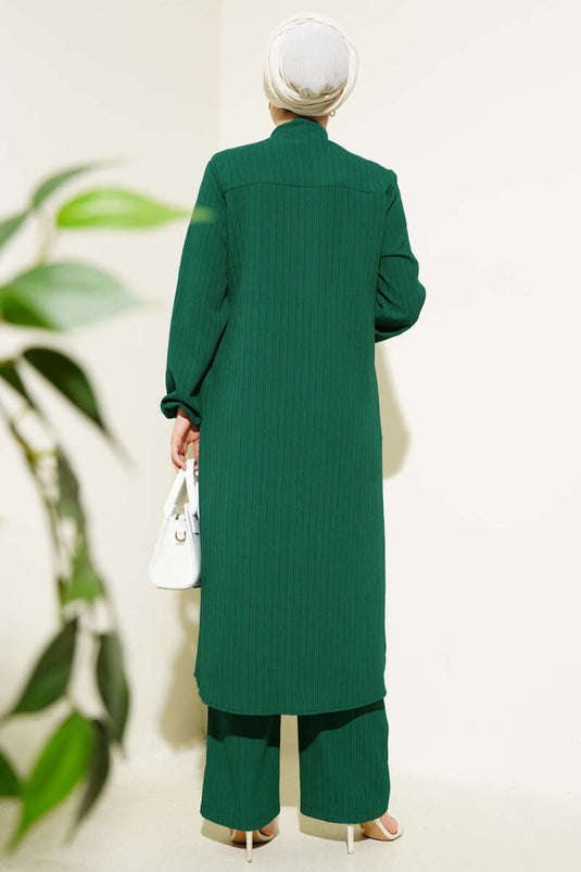 Ensemble tunique longue à boutons cachés et fente latérale, couleur émeraude