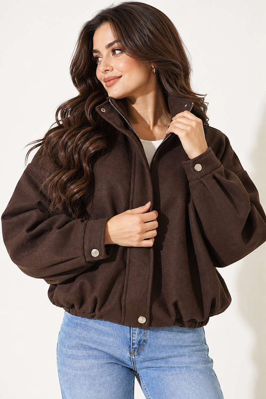 Gizli Fermuarlı Oversize Kaşe Ceket Kahve